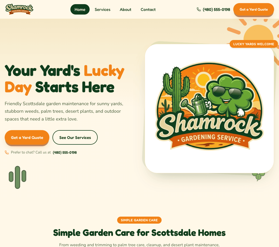 Homepage design for Shamrock Gardening Service landscaping website.