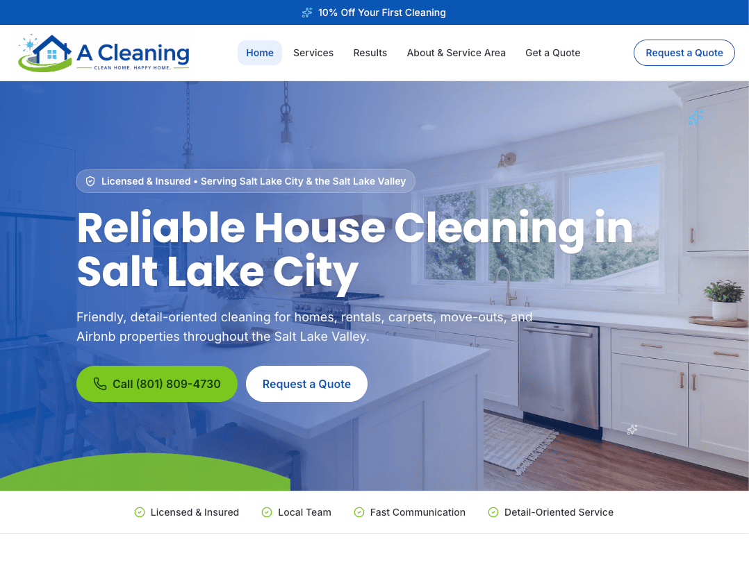 Homepage design for A Cleaning Utah residential cleaning website.